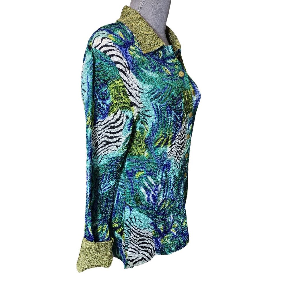 Crush Crinkle Top Button Up Reversible Animal Print Watercolor Blouse Size S/M